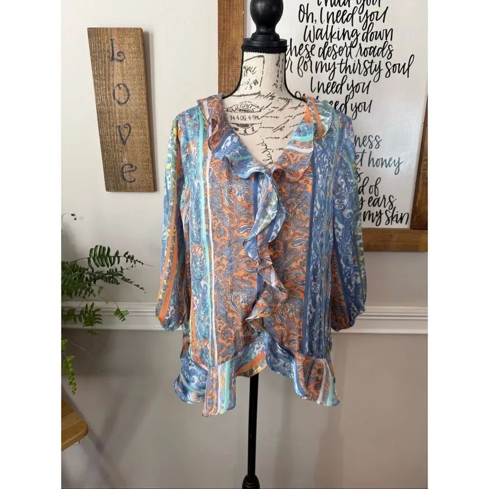 Ruby Rd. Womens Ocean Paisley Ruffle Handkerchief Sheer Blouse Multicolor Medium